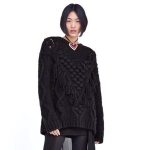NWT Zara Black Chunky Knit Fringe PomPom Sweater S